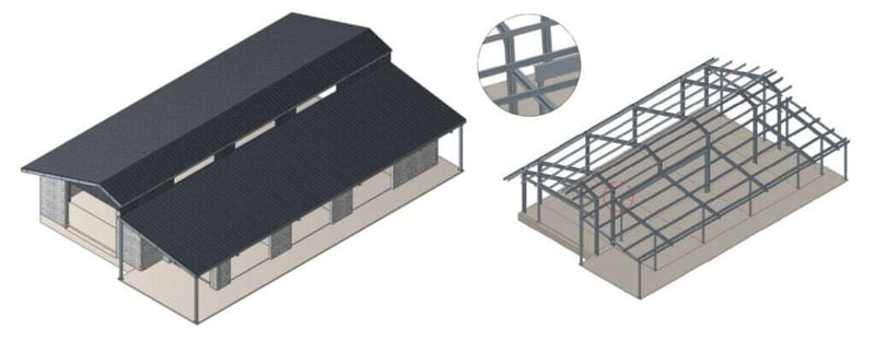 A 3D render of a on off shed design showing the full render and the shed frame